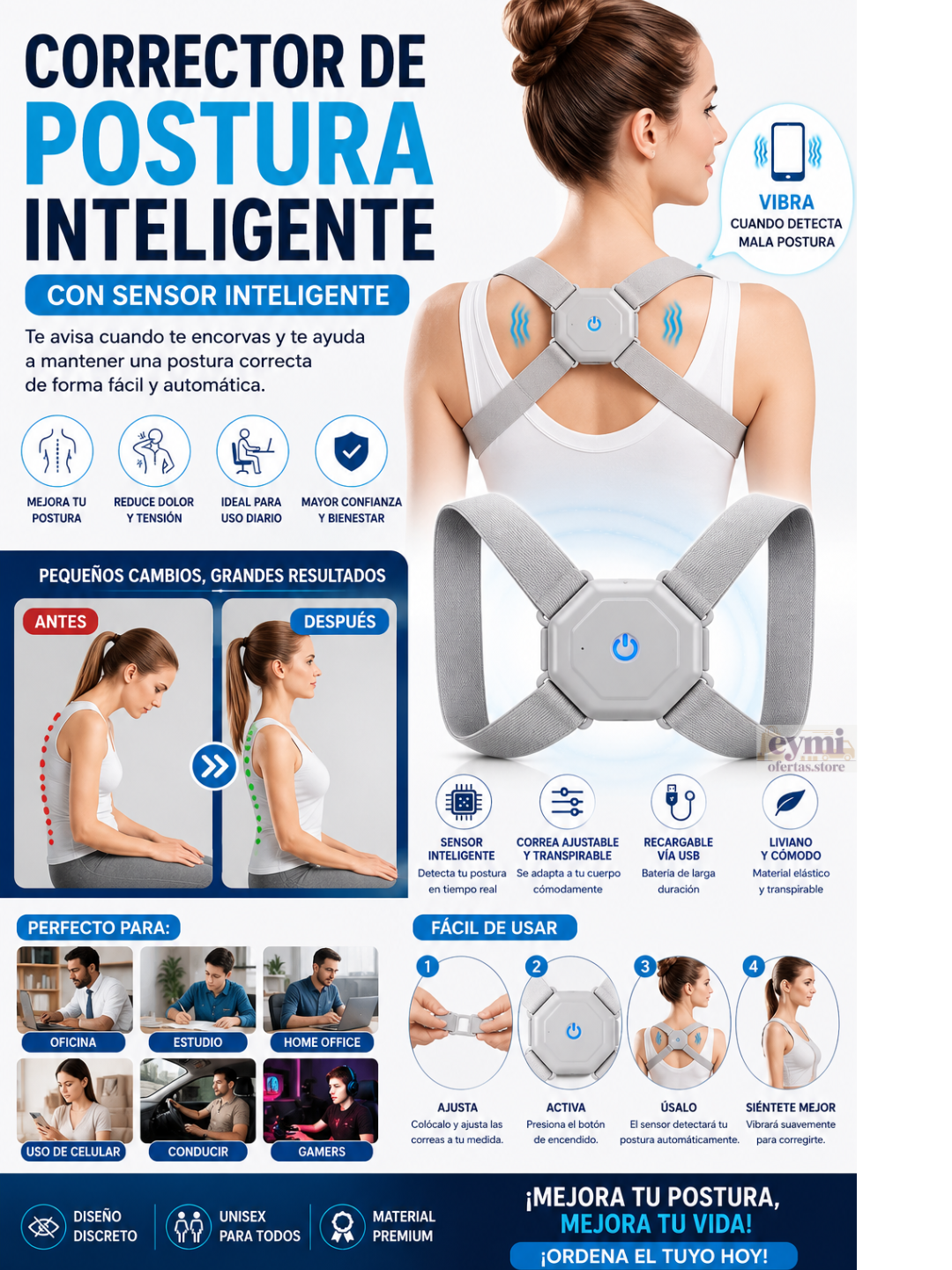 Corrector de postura inteligente con sensor