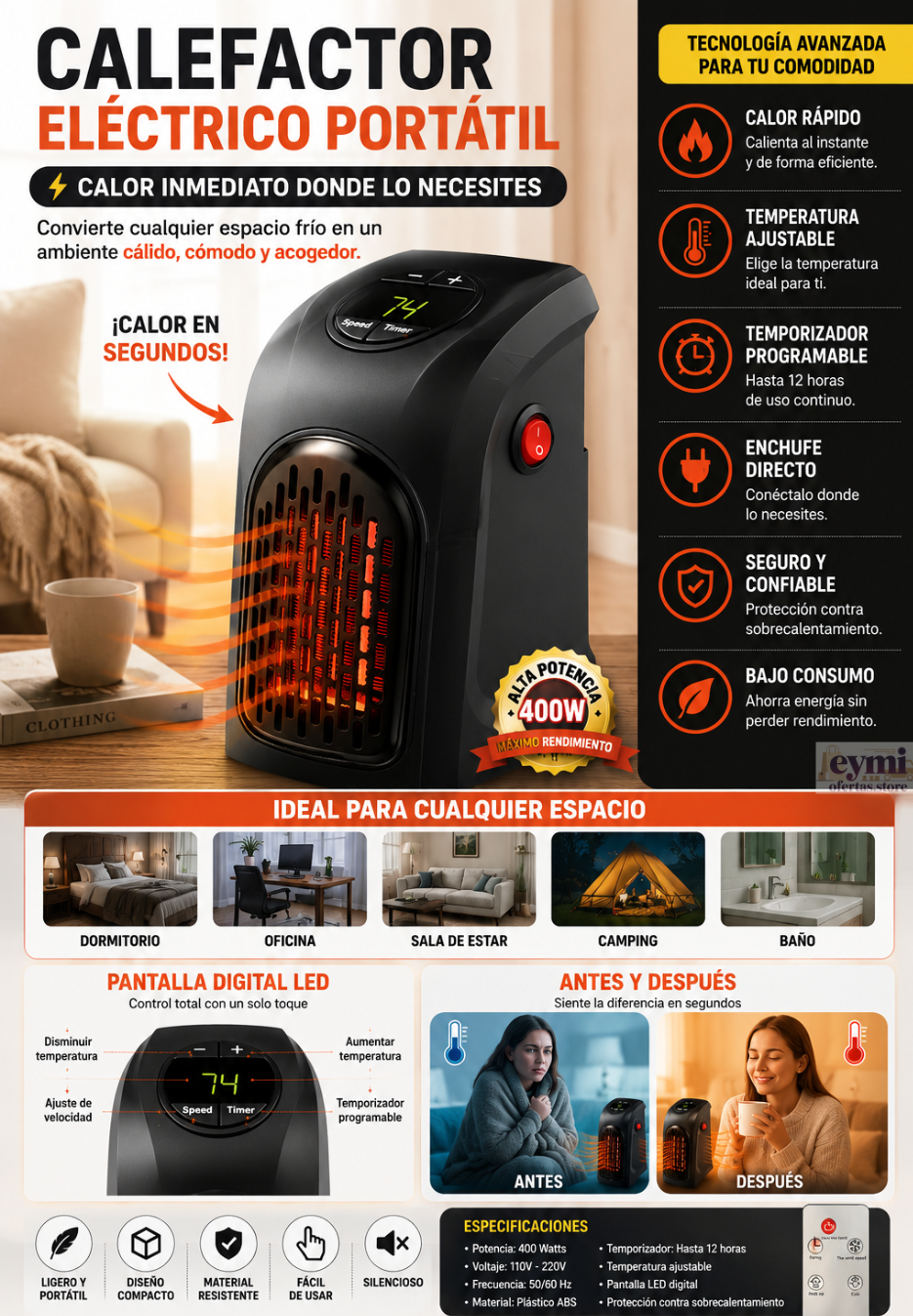 Calefactor eléctrico portátil de alta potencia
